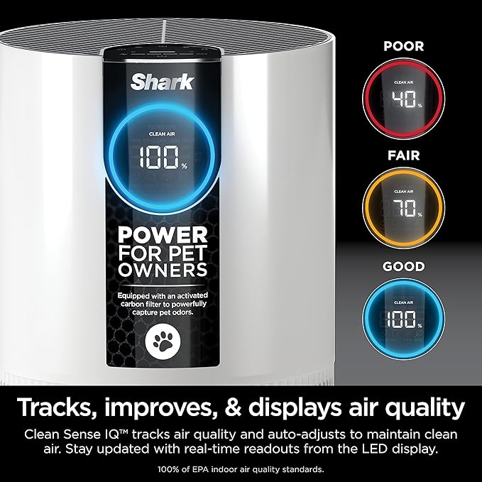 Shark Air Purifier For Home Pets, Allergies, Pet Hair, HEPA Air Filter, 500 Sq Ft, Small Room, Bedroom, Odor Eliminator Clean Sense, Captures 99.98% of Particles, Pet Dander, Fur, Allergens HP102PET