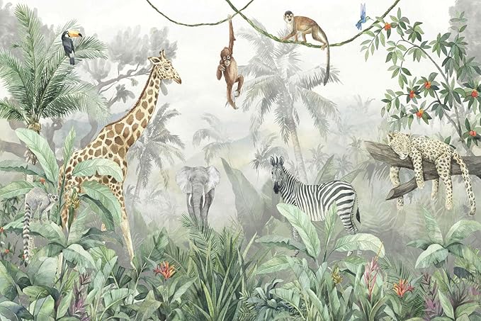 Nursery Safari Wallpaper Kids Tropical Jungle Banana Leaf Wall Mural Animals Wall Decor for Boys Room Girls Room Bedroom Living Room(Not Self-Adhesive)