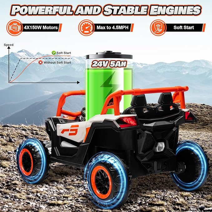 Electric Car for Kids, JOYRACER 24V Ride on Car Battery Powered Off-Road UTV w/Remote Control, 3 Speeds, 4x150W Powerful Motors, 18" Seat, Bluetooth, MP3, Electric Vehicles with Big Pull Bow