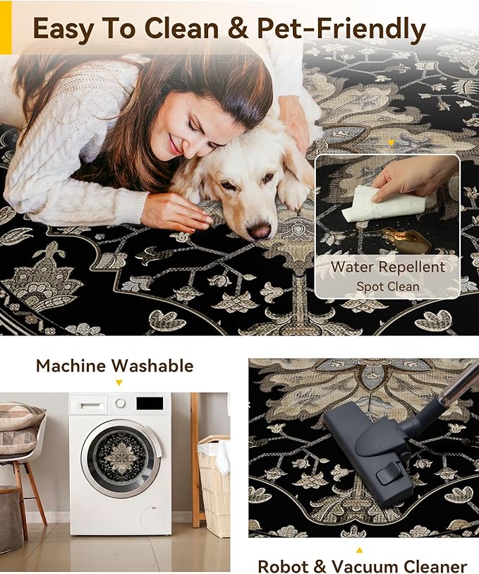 RELEANY Area Rugs Round 8ft Washable Non-Slip, Floral Vintage Distress Print - Image 5