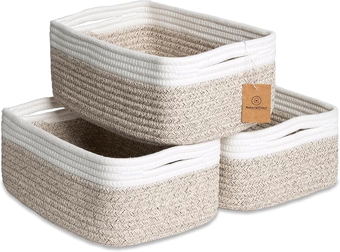NaturalCozy 11.8"x8"x4.5” Storage Baskets for Shelves 3 Pack | Cotton Rope Woven Small Baskets for Organizing | Small Storage Bins for Nursery, Bathroom, Closet, Cube Shelf, Decorative, Gift Basket
