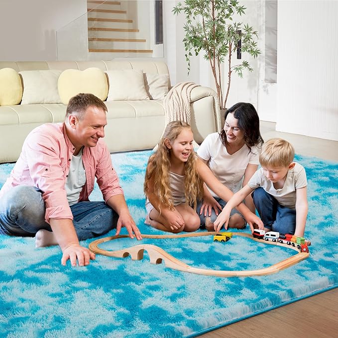 Ultra Soft Rug for Living Room, 5X8 Fluffy Shag Area Rug for Bedroom, Modern Shaggy Carpets Fuzzy Rug for Teens Dorm Nursery Home Decor Aesthetic, Upgrade Anti-Skid Durable, Tie-Dyed Blue