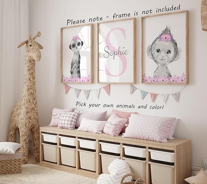 Safari Animals Girls Nursery Bedroom Unframed Set of 3 Poster Prints, Personalized Name Pink or Purple Flowers Wall Art Decor New Baby Gift Present, Elephant Giraffe Panda Zebra Lion (12x16)