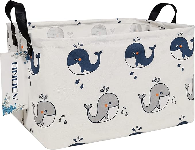 Rectangular Folding Laundry Basket,Canvas Basket,Nersury Hamper,Suitable for Children,Office,Bedroom,Clothes,Toys Storage (REC whale), 14.9’’L ×10.2’’W×9.05’’H inches