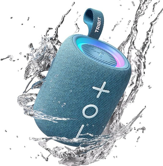 Tribit Portable Bluetooth Speaker StormBox Mini+, 12W Shower Speaker with 360°Surround Sound, 12H Playtime, Custom EQ, BT5.4, IPX7 Waterproof, RGB Lights, Type-C, AAC/SBC, TWS, Party/Beach/Gift (Blue)