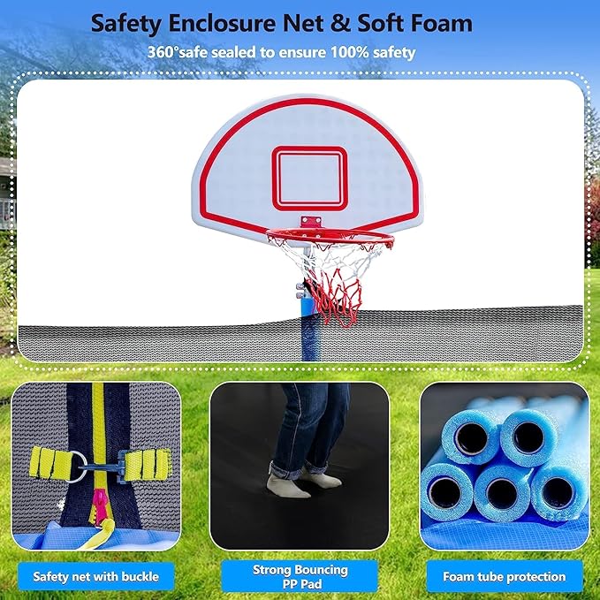 Upgraded 16FT 15FT 14FT 12FT 10FT 8FT Trampoline Outdoor with Basketball Hoop and Net, Capacity for 4-6 Kids and Adults