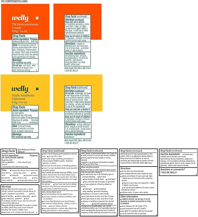 Welly First Aid Kit - Adhesive Flexible Fabric and Waterproof Bandages, Tape and Non-Stick Pads, Butterfly Strips, Single Use Ointments Triple Antibiotic and Hydrocortisone, and Ibuprofen - 130 Count
