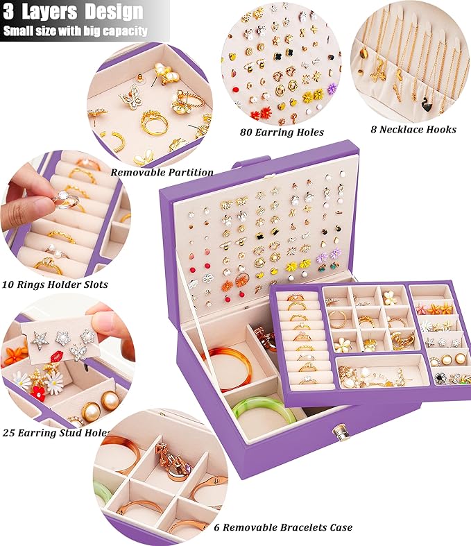 Girls Jewelry Box for Earrings Jewelry Organizer Box Teen Girls Earrings Organizer Jewelry Box with Earring Holder Organizer Stud Earring Box for Girls Womens Jewelry Case Organizer Purple