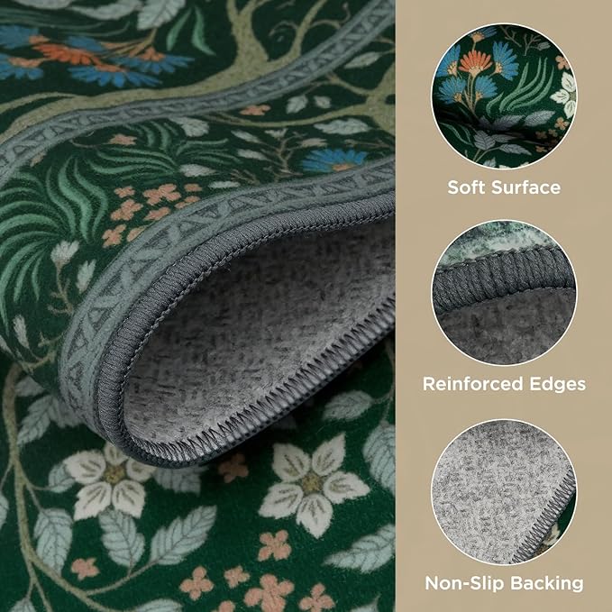 Joydeco Floral 5x7 Area Rugs for Living Room, Boho Dark Green Washable Rug Non Slip, Soft Low-Pile Botanical Forest Indoor Floor Throw Carpet for Office Dining Table Playroom Dorm