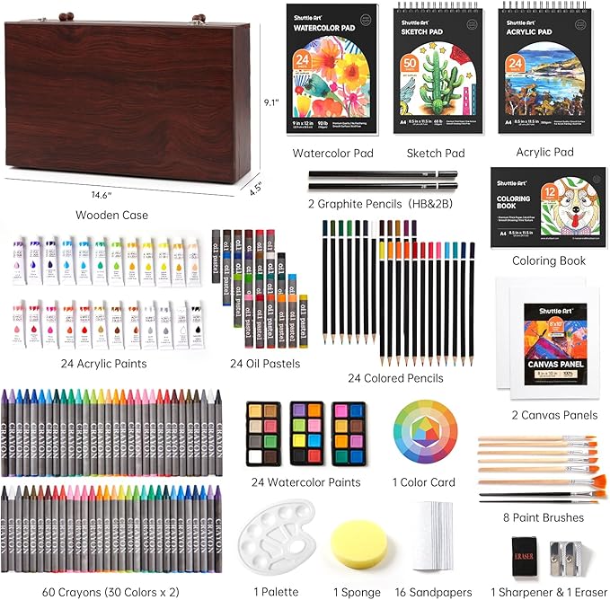 Shuttle Art Deluxe Gift Art Kit, 202-Piece Wooden Art Supplies Set with 4 Drawing Pads, Canvases, Coloring Sheets, Acrylic Paint, Crayons, Oil Pastels, Colored Pencils for Kids