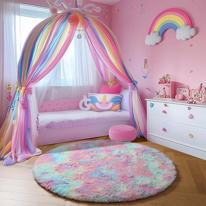 Amdrebio Rainbow Fluffy Round Rug 5Ft Kids Rugs - Image 9