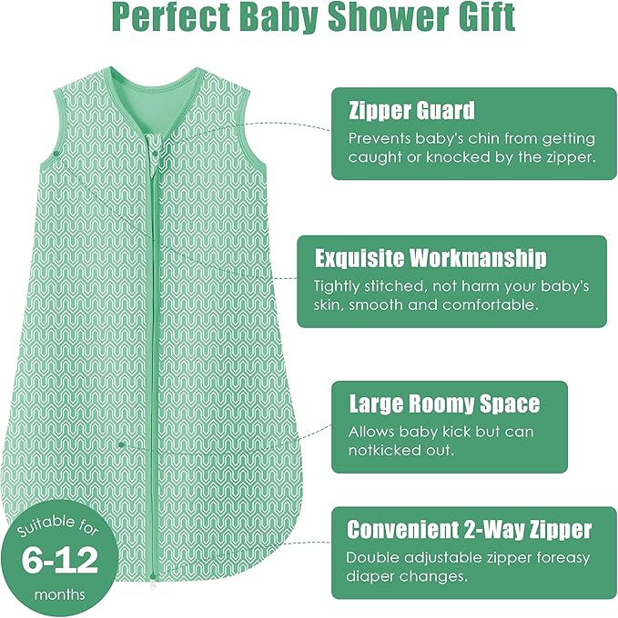 SWEET DOLPHIN Baby Sleep Sack 6-12 Months - 100% Cotton 2-Way Zipper TOG 0.5 Infant Wearable Blanket, Newborn Essentials Toddler 3 Pack Sleeping Sacks - Green