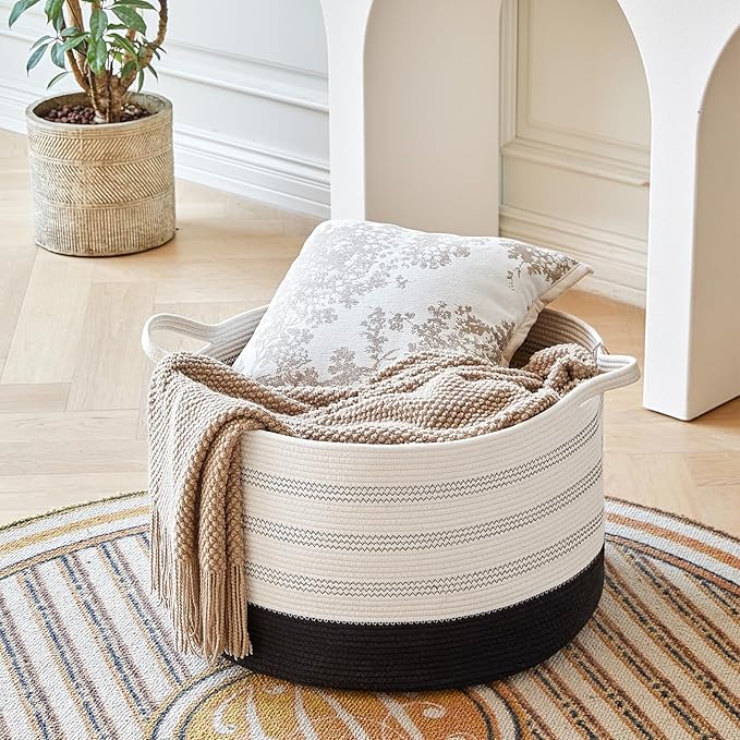 XXXLarge Cotton Rope Basket 22" X 22"X 14" Blanket Basket for Living Room Woven Basket Soft Baby Laundry Blanket Basket Nursery Bin Toy Basket with Handle White+Black