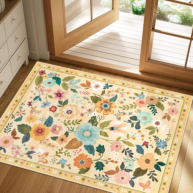 Floral 2x3 Area Rug Machine Washable Soft Print Boho Carpet Non Slip Doormat Low Pile Flower Area Rugs for Living Room Bedroom Nursery Kitchen Dining Room Indoor-Ivory/Yellow