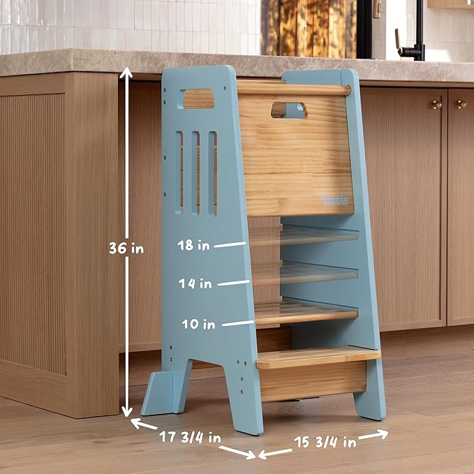 Toddler Tower with a Sliding Door and 3 Adjustable Heights - Complete Toddler Kitchen Stool Helper with Support Feet - Safe Design for 18+ Months to 6-Year-Old Kids - Blue