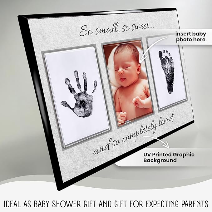 Baby Hand and Footprint Kit with Photo & Birth Details, Inkless Hand and Footprint Kit, Newborn Keepsake Plaque, Baby Shower Gifts (STYLE 2 (Baby Shower) (So Small, So Sweet))