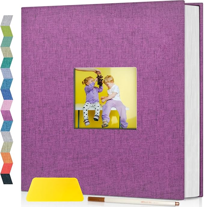 popotop Photo Album Self Adhesive with Picture Display Window,40 Pages DIY Scrapbooking Supplies Kit for 4x6 10x12 Picture,Linen Cover Memory Book for Baby Wedding, with Scraper and Metallic Pen