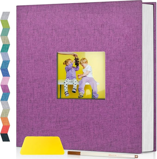 popotop Photo Album Self Adhesive with Picture Display Window,40 Pages DIY Scrapbooking Supplies Kit for 4x6 10x12 Picture,Linen Cover Memory Book for Baby Wedding, with Scraper and Metallic Pen