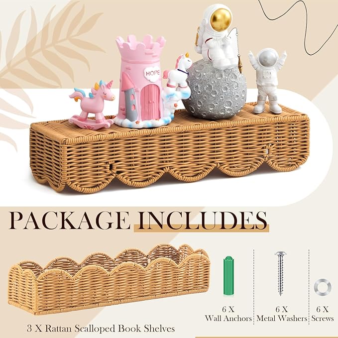 Pinkunn 3 Set Nursery Book Shelves Scalloped Rattan Wall Shelf 15.8 x 3.2 Inch Wall Mounted Plastic Floating Book Shelve, Hanging Boho Wicker Woven Shelf for Nursery Decor and Storage (Natural Wood)