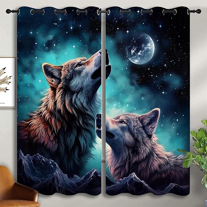 Wolf Blackout Curtains for Boys Girl Bedroom Decor,Starry Sky Howling Wolf Under The Full Moon Thermal Insulated Grommet Drapes Darkening Window Curtain for Living Room Home 72x63 inch