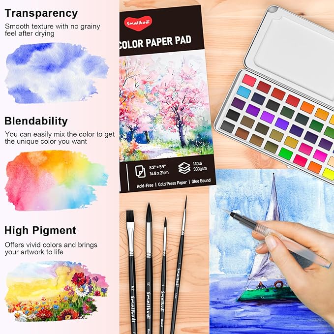 Watercolor Paint Set 50 Colors Including Metallic, Watercolor Kit with Case, Watercolor Paper, Paint Brushes, Palette and Accessories, Water Color Art Supplies Gift for Adults Kids Artists