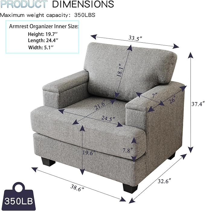 Oversized Living Room Chairs Set of 2, Comfy Accent Chair - Image 2