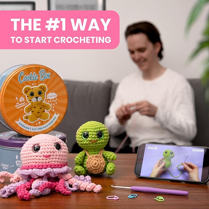 Cookie Box Crochet Kit for Beginners - Learn to Craft Amigurumi Stuffed Animals - Knitting Gift for Kids and Adults - Beginner-Friendly Yarn - Stitch-by-Stitch Video Tutorial - Bear Ted