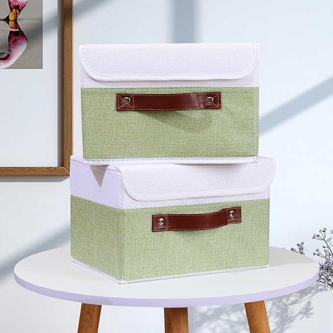 ANMINY 2PCS Storage Boxes with Lid Washable Decorative Storage Bins Basket with PU Leather Handle Foldable Linen Fabric Storage Cubes Containers for Home Closet Organizer - Green White, Small Size