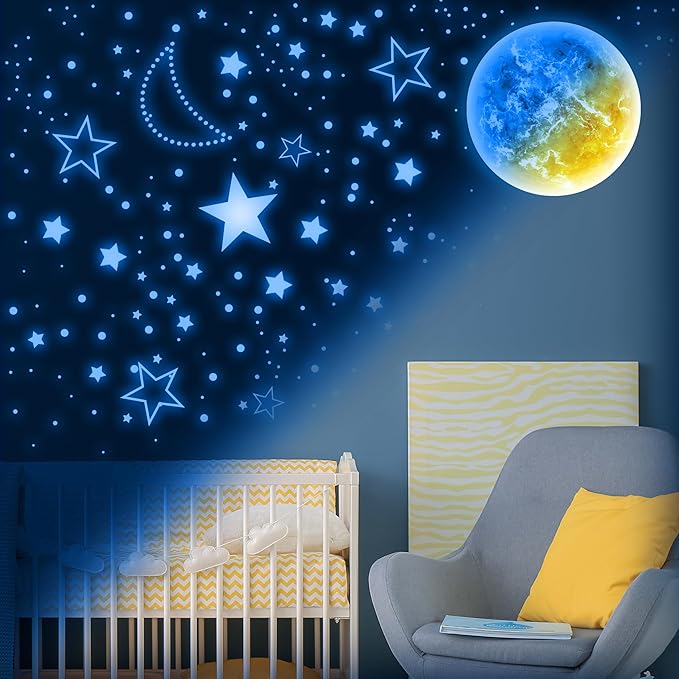 965 PCS Glow in The Dark Stars and Sun for Ceiling, Luminous Stars and Planet Wall Decals, Kids Room Decor, Glowing Galaxy Wall Stickers for Nursery Decorations (Blue)