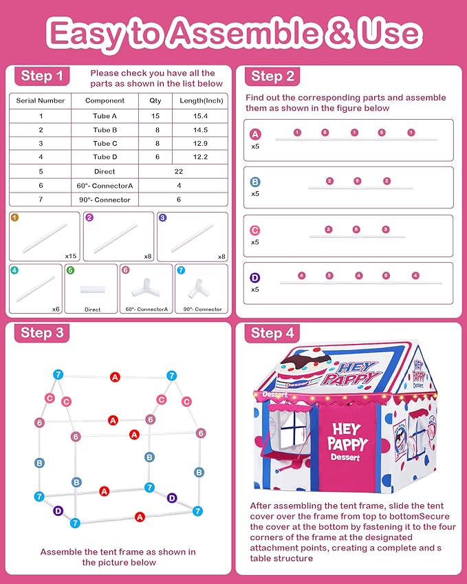 Kids Play Tent, Toddler Tent for Kid Indoor & Outdoor, 48.5"x39.4"x48.5" Playhouse Tent Dessert Theme with Complete Toys Set, 3 Window, Lights and 5 Balloons