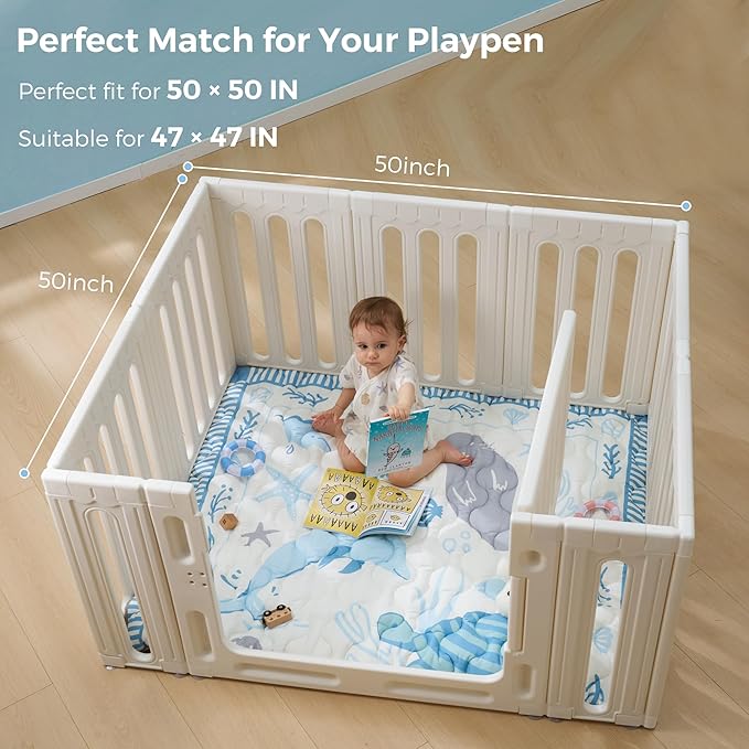 Momcozy Baby Play Mat for Floor, 50x50 Thickened Playpen Mat, Playmate for Baby Tummy Time, Waterproof & Non-Slip, Foldable Outdoor Mat with Carrying Handle, Ocean Theam