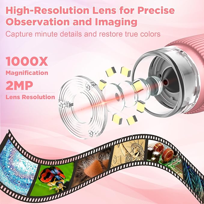 MAXLAPTER Portable Digital Microscope for Kids: 1000X Handheld Kid Microscope with 2'' Screen and 8 LED Lights - Pocket Miniscope Edu Science Toys Birthday Gifts for Age 3-5 5-7 8-12 Girls Boys, Pink