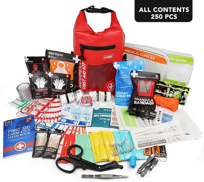 250 PCS Waterproof First Aid Kit, Roll Top Reflective Boat Dry Bag Bug Out Bags, Emergency Medical Kit Ideal for Boating, Camping, Fishing, Kayaking, Floating, Red