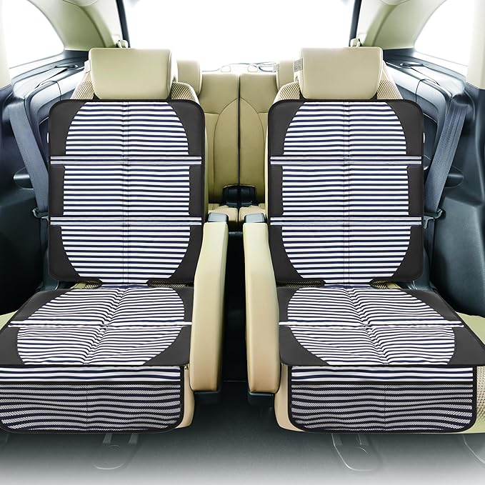 Car Seat Protector for Child Car Seat, 2 Pack Baby Car Seat Covers with Mesh Pockets & Non-Slip Backing 600D Durable Seat Protector Under Baby Car Seat for Car Back Seat (Stripe, Large)