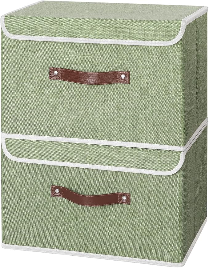 ANMINY 4PCS Storage Bins with Lid PU Leather Handles Storage Boxes PP Plastic Board Decorative Foldable Lidded Cotton Linen Fabric Home Cubes Baskets Closet Organizer Containers - Green, Large Size