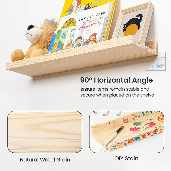 Picture Ledge Shelf, Floating Shelves Set of 2, Solid Pine Wood 55'' Long Large Nursery Book Shelves for Toys Storage, Kids Bookshelf for Living Room Bedroom Decor Books Photo Frames, Natural