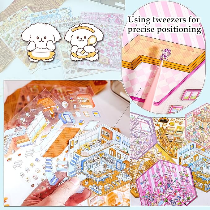 DIY 3D Sticker Scene, 6 Sets of Cute Miniature Isometric Stickers for Kids Adult Therapy Scenes Sticker Reuseable and Waterproof Stickers for Girl
