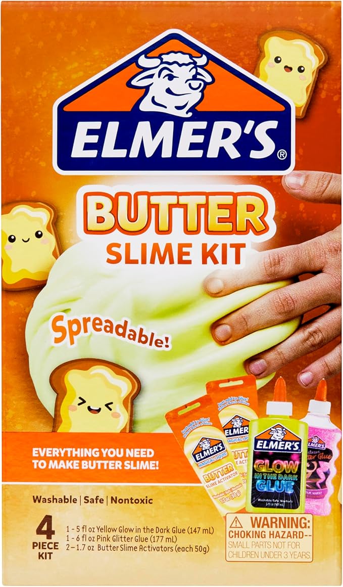 Elmer’s Butter Slime Kit Includes, Glow in the Dark Glue, Glitter Glue, Butter Slime Activator 4 Count.