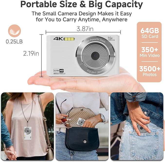 Digital Camera, 44MP 4K Auto Focus Point and Shoot Kids Video Camera with 64GB SD Card 2 Batteries 16X Digital Zoom Compact Portable Small Camera Gifts for Teens Kids Boys Girls(White)