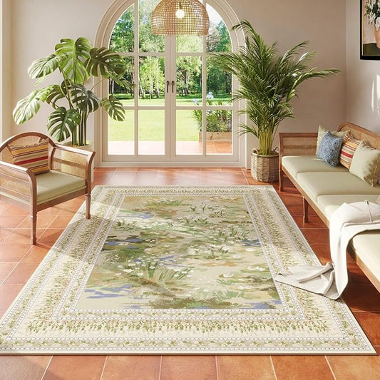 4x6 Rug for Bedroom Impressionist-Style Vintage Washable Rugs Non Slip Low Pile Small Carpet for Bedside Kids Room Office Dining Room, Beige