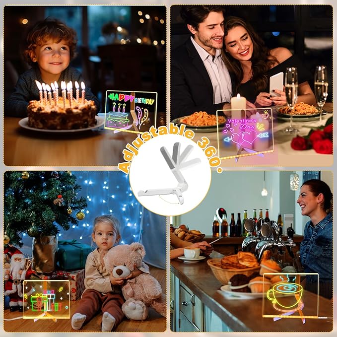 LED Acrylic Message Board, Light Up Acrylic Dry Erase Board 5.9x5.9” with Stand, LED Note Board with Colors for Kids, Glow Memo Message Writing Board with Light, Drawing Stencils Set Included