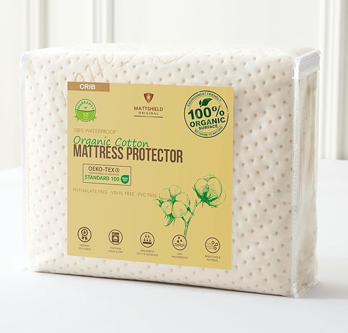 Luxury Organic Mattress Protector Pad Crib - Certified Organic Cotton, Waterproof Skin-Friendly Breathable Mattress Cover - Premium 380 GSM Comfort - Jersey Cotton Skirt