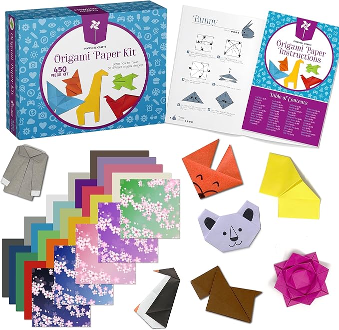 Pinwheel Crafts Origami Paper Kit 50 Projects with 450 Sheets of Colored and Patterned Paper - Easy Origami Kit for Kids Ages 5-8+, Fun Art and Crafts Gift Set for Boys and Girls