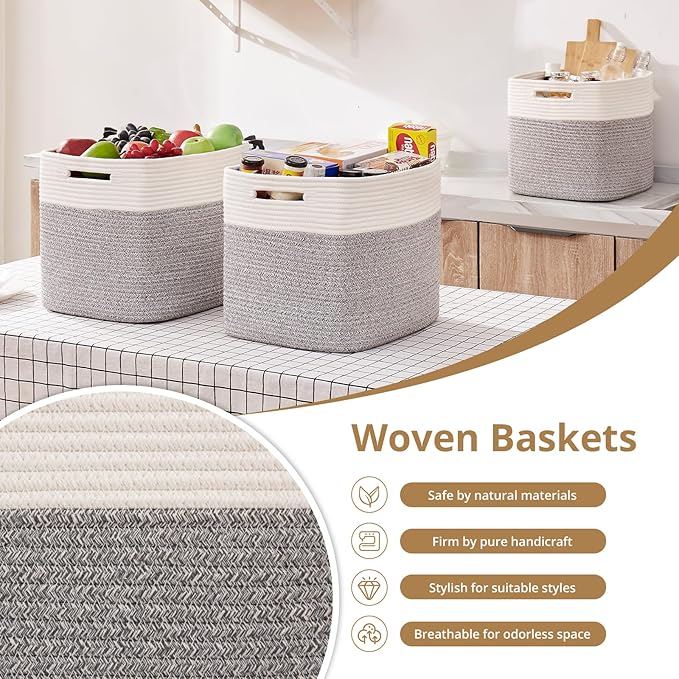 OIAHOMY 13 Kallax Inch Cube Storage Bins, 3-Pack Cotton Rope Woven Baskets for Organizing, Kallax Insert Storage Baskets for Shelves, Baby Nursery, Closet Organizer, 13*13*12.6IN, Grey & White