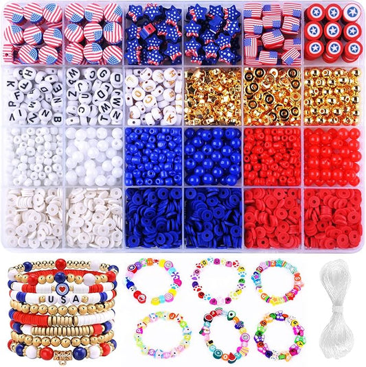 2480pcs President's Independence Day Polymer Clay Beads Charms Friendship Bracelet Necklace Earring Jewelry Making kit, Accessories for Arts Crafts DIY Birthday Gifts for Girls Children American Flag
