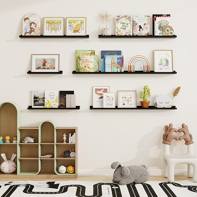 Picture Ledge Shelf, Solid Pine Wood Floating Shelves Set of 2, 36 Inches Nursery Book Shelves for Toys Storage, Kids Bookshelf Wall Mounted for Living Room Bedroom Decor Books Photo Frames, Black