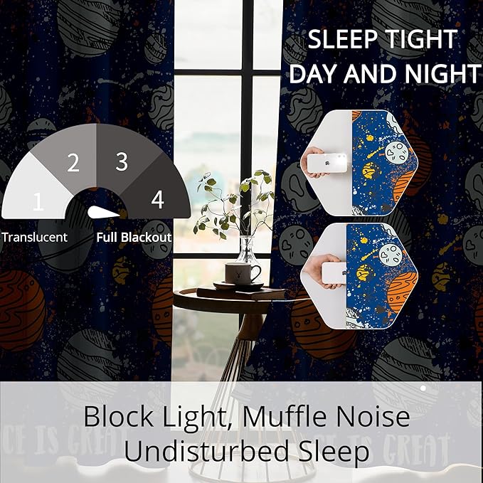 Kids Space Planet Blackout Curtains - 100% Blackout, Thermal Insulated, Noise Reducing, Perfect for Kids Room and Nursery, 2 Panels (Space-is-Great, W52×L63)