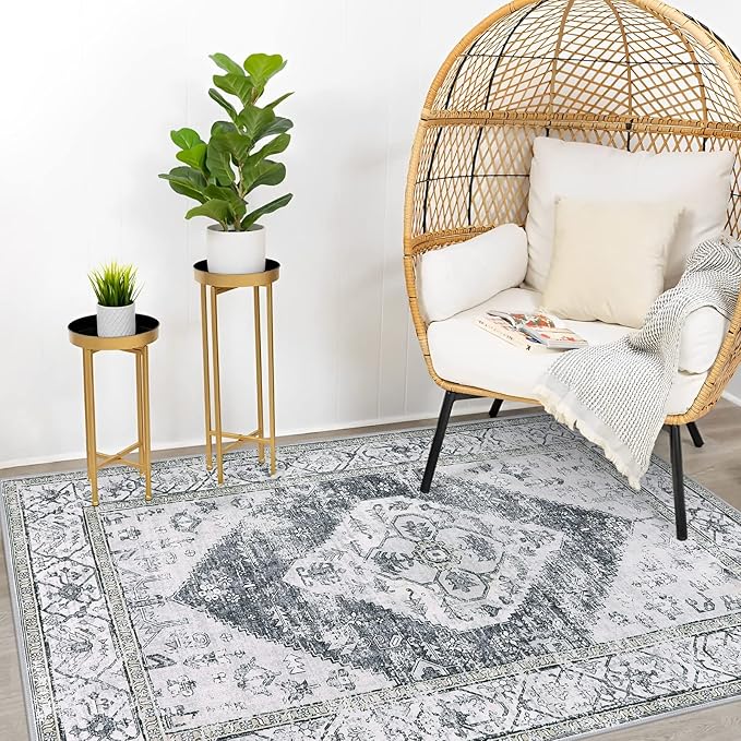 Lahome Boho Washable Rugs for Bedroom - 3x5 Area Rugs for Living Room Throw Non-Slip Thin Entryway Rug Kitchen Rugs Grey Oriental Distressed Print Capet for Office Bathroom Laundry Room Dining Room