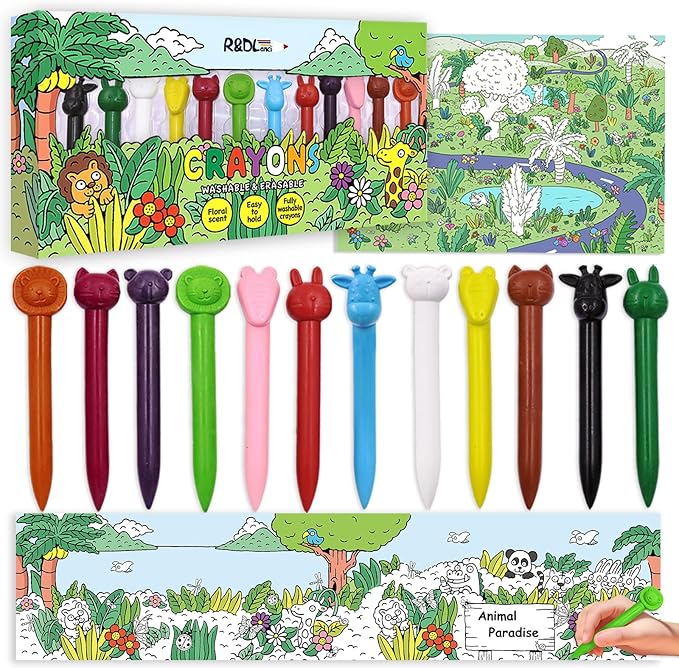 R&DLanci Animal Crayons for Kids, 11-colors Washable Crayon Set with Eraser & Drawing Paper, Non-Toxic Crayon, Easy to Hold, Mess-Free Crayons for Toddlers, Art Supplies for Toddlers and Kids Ages 3+