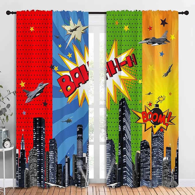 Superhero Rod Pocket Blackout Curtains for Boy Girl Bedroom, City War Explosion Comics Art Home Energy Efficient Light Filtering Window Curtain for Living Room, 84x84 inch